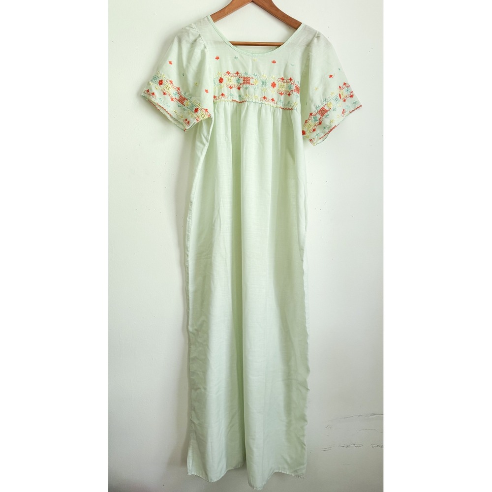 Vintage Mint Green Embroidered Maxi Nightgown Cottagecore Floral Sleep Dress